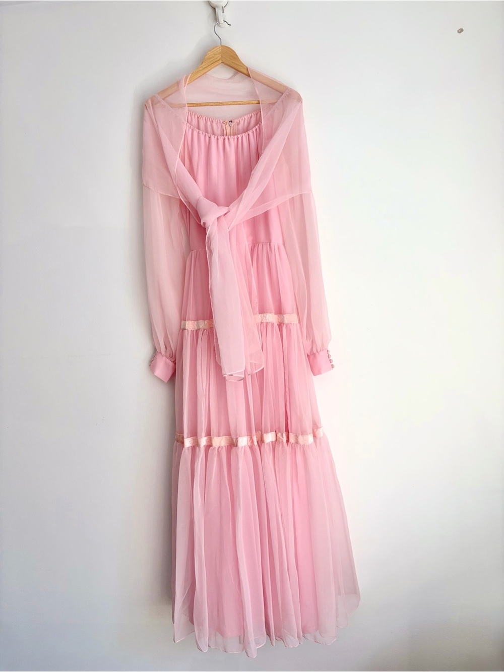 1970s Vintage Baby Pink Chiffon Coquette Balletcore 2 pc Dress & Scarf Set XS